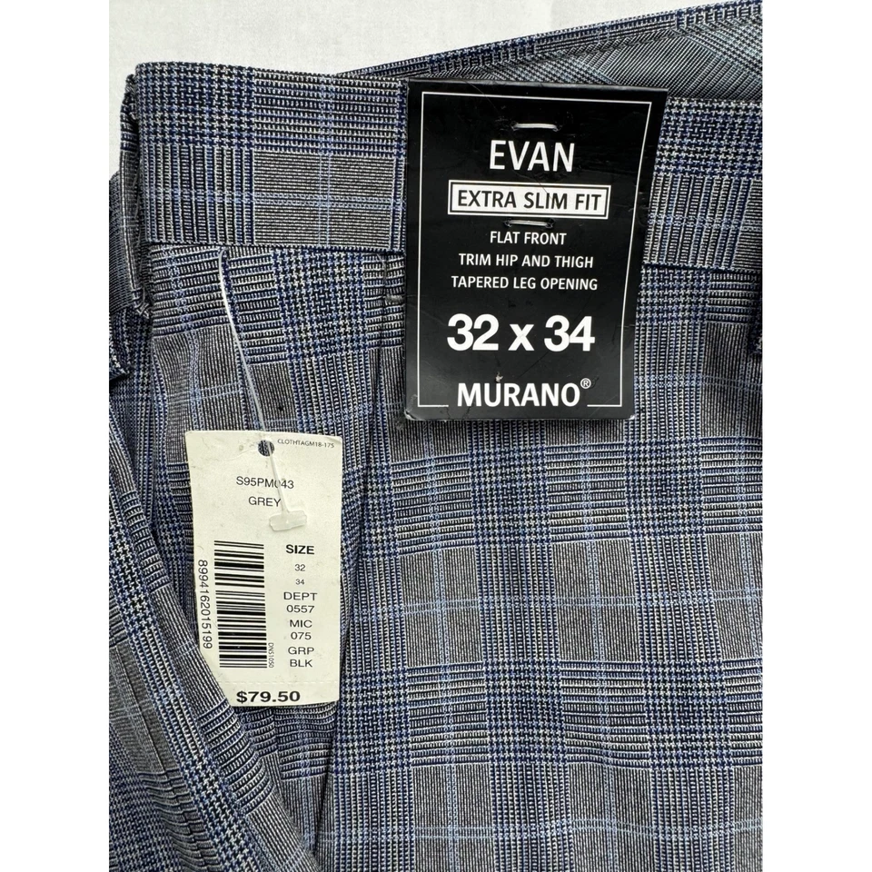 Pantalones de vestir Murano Evan Fit para hombre a cuadros frente plano 32x34 gris moderno cómodo Foto 2 de 4