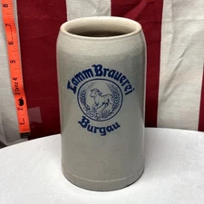 LAMM Brauerei Burgau stoneware 1L beer stein 1970s vtg German brewery lamb logo