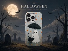 Cozy Halloween Phone Case Ghost and Cat Autumn TOUGH Cover for iPhone