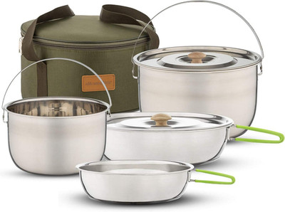 Camping Cookware Set - Compact Stainless Steel Campfire Cooking Pots and Pans |