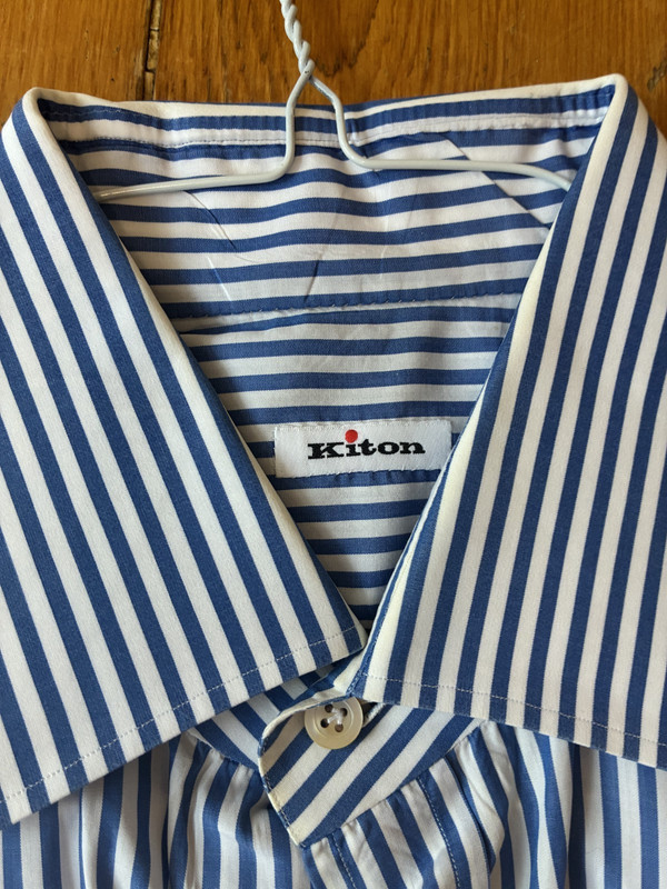 Kiton XL 17.5/44 100% Cotton Blue and White Striped Button Down