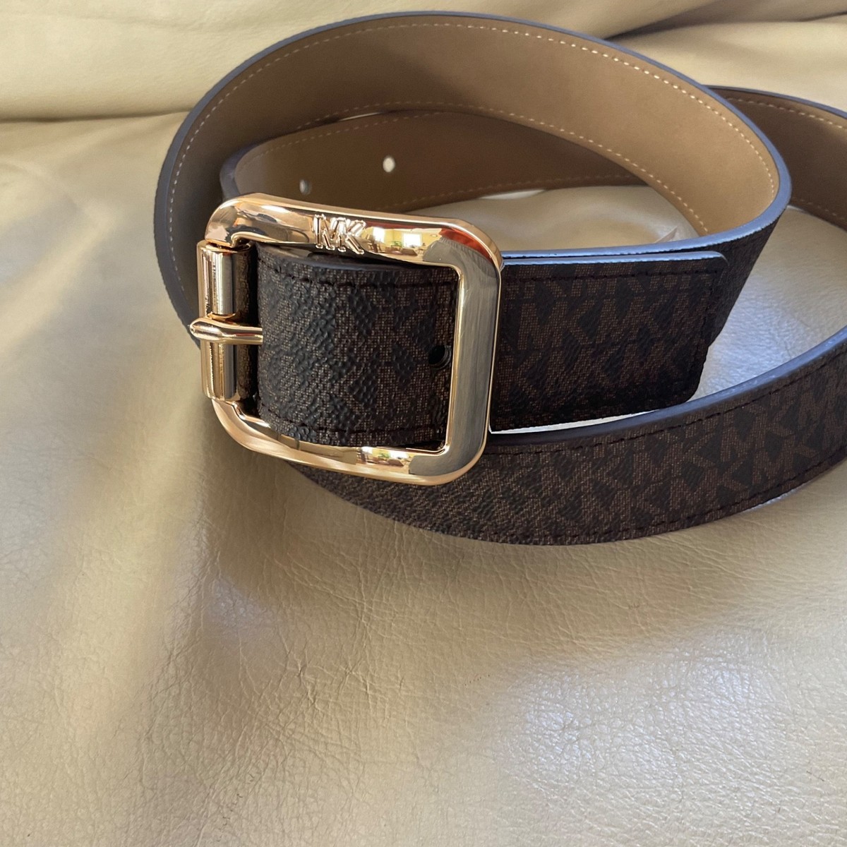 Michael Kors Brown Logo-Print Leather Belt with Gold Buckle MICHAEL KORS BELT WITH PRINTED MK LOGO TRIPLE BELT LOOP W  main image 2