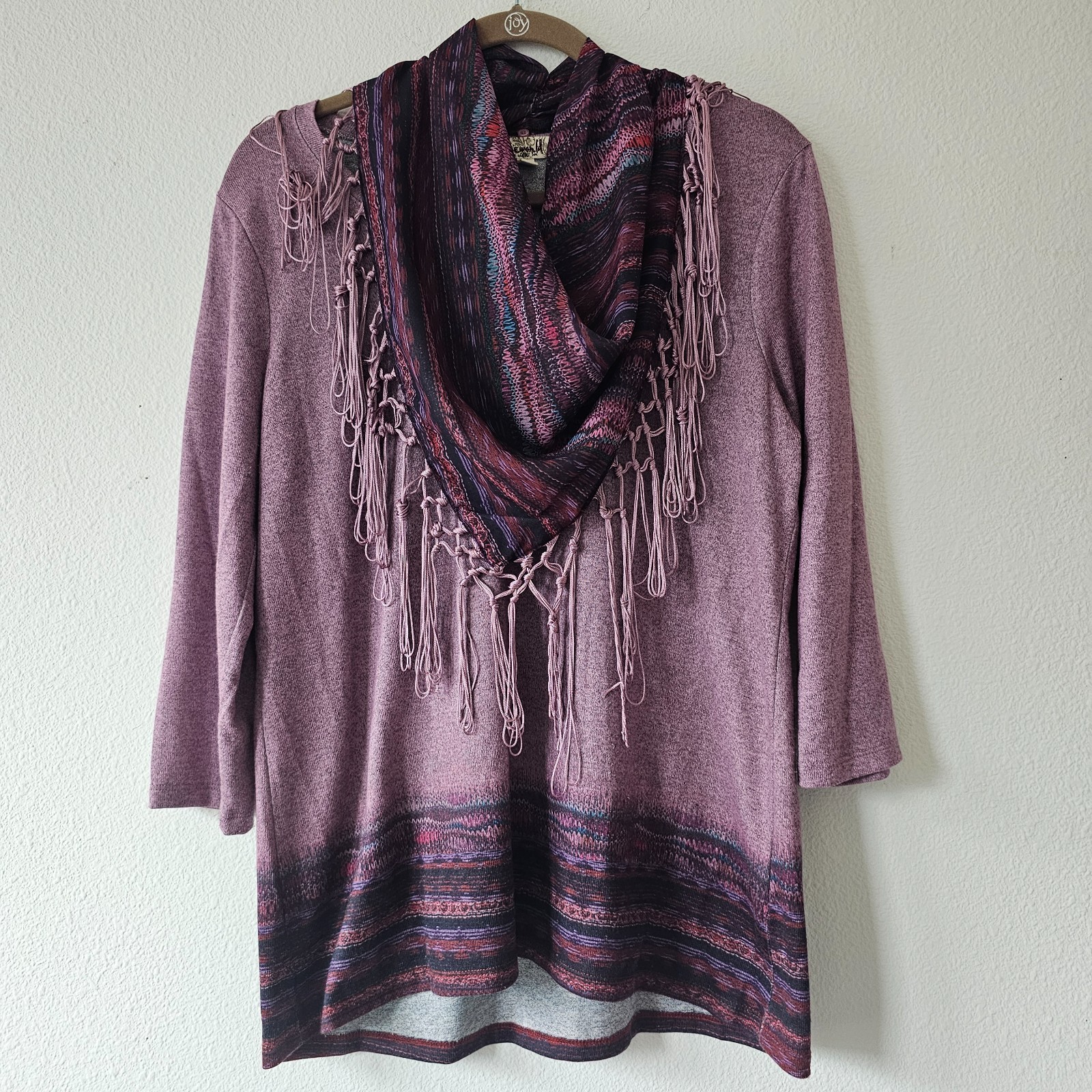 One World Womens M Mauve Purple Knit Top Detachable Scarf 3/4 Sleeve Boho Tunic