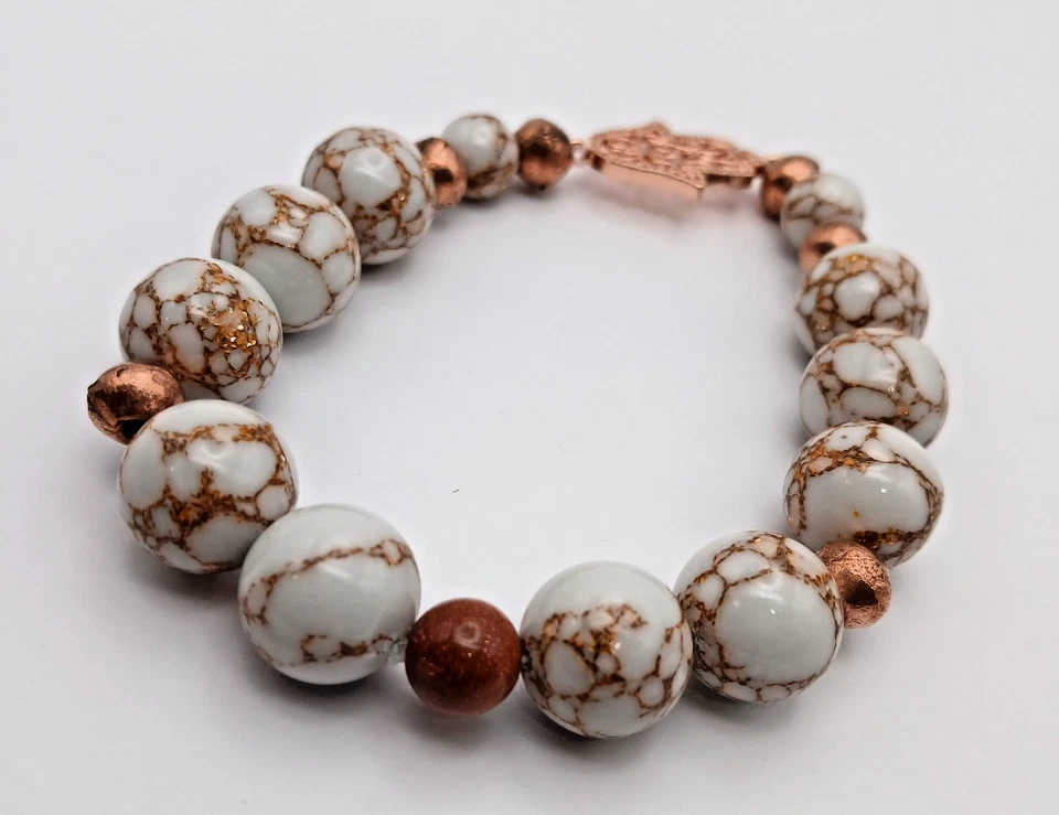 Jeweled Copper Hamsa White Howlite w/ Copper Veins Goldstone Beaded Bracelet - Image 4 of 4