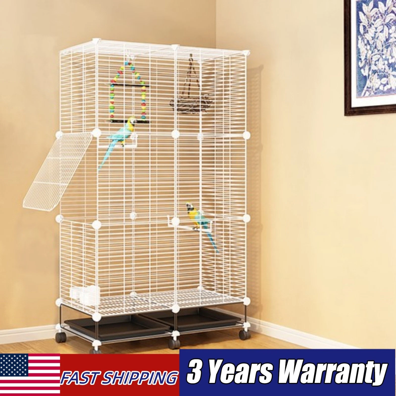 3-Tier Large Bird Cage 49.2in Rolling Metal Parakeet Cage for Canaries, Parrots