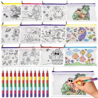 Kinder Maltaschen - 12 Stofftaschen mit Reißverschluss und 12 Wachsstifte