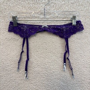Y2K Vintage Victoria's Secret Garter Belt Straps M L Purple Lace Rhinestone Sexy