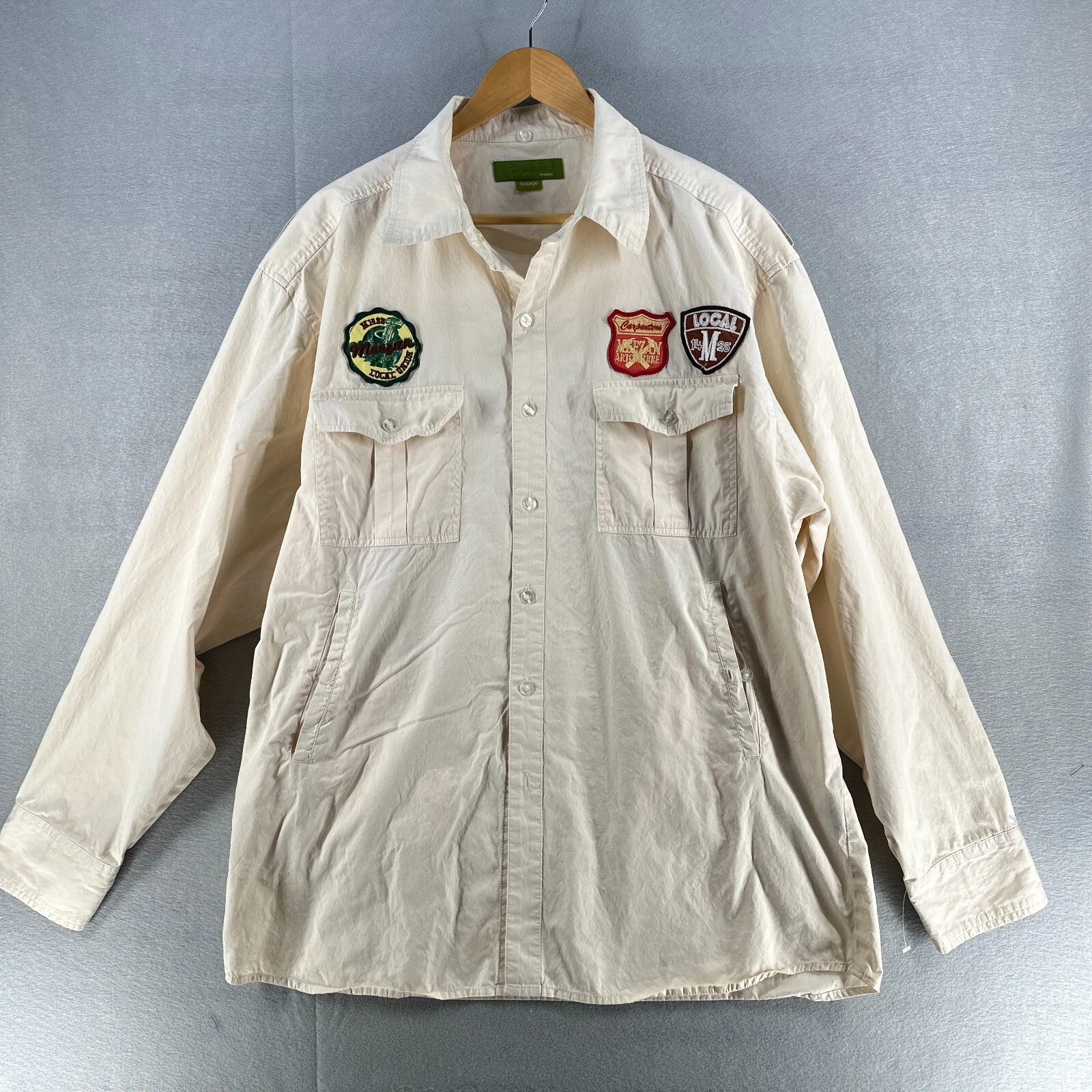 Meezan Art Couture Mens Shirt 3XL Cream Patches Outdoor Vintage Long Sleeve