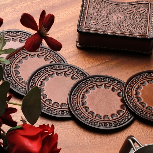 Posavasos redondos de té/café TOURBON vintage de cuero de 6 piezas con caja organizadora EE. UU. - Imagen 6 de 24
