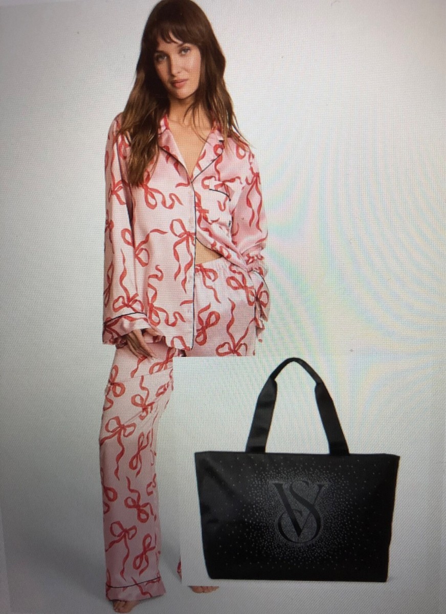 BUNDLE NWT VICTORIA'S SECRET SATIN LONG PAJAMA SET CHALK ROSE BOWS MED REG,  TOTE