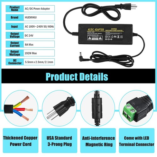 24V 8A Power Supply Adapter AC 100-240V to DC 24 Volt 8 Amp 192W Power Conver... - Picture 4 of 11