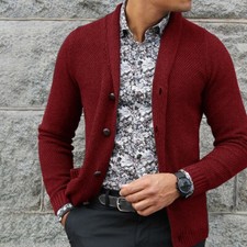 Men Button Up Cardigan Kniited Shawl Neck Jumpers Single Breast Sweater Slim Top