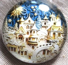 GLASS DOME PICT BUTTON -- INCREDIBLE 3-D "QUILLED" VILLAGE W BRIDGES - 30mm
