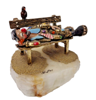 VINTAGE 1985 CLOWN / BUM ON A PARK BENCH  Metal & ONYX BY RON LEE  Signed