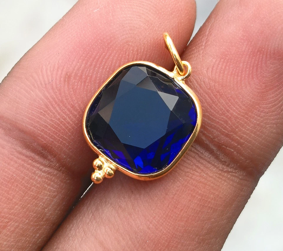 Lab-Created Blue Sapphire Pendant, 18K Yellow Gold Charm Handmade Pendant - Image 2 of 4