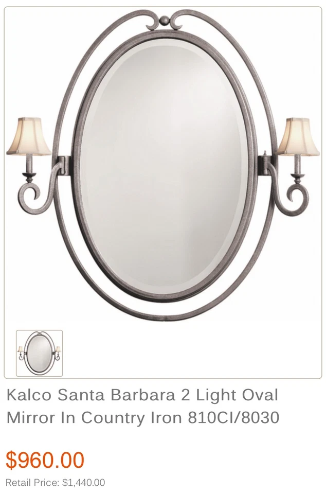 Vintage Kalco Santa Barbara 2 Lighted Oval Mirror In Country Iron Wall Sconce - Image 2 of 4
