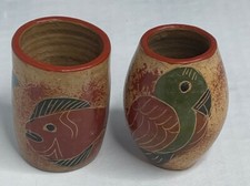 Nicaraguan Style Folk Art Pottery Bird & Fish Vases Set of 2 Hand-painted 2.75"