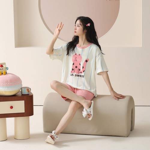 Women Cute Pajama Set Short Sleeve Crew Neck Shorts Summer Cartoon 2 Piece Pjs - Picture 10 of 92