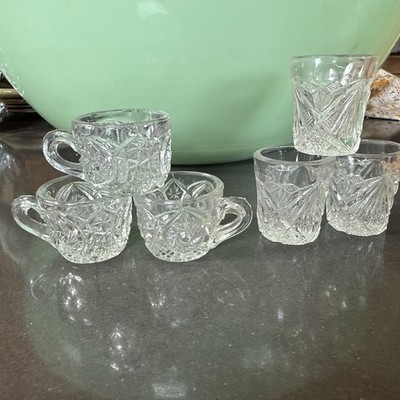 3 Rex EAPG Toy Tumblers Childs-&3 MugsCoOperative Flint Glass Clear 1908 Antique