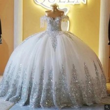 Luxury Off Shoulder BallGown WeddingDress Glittering Sliverr Applique WhiteTulle