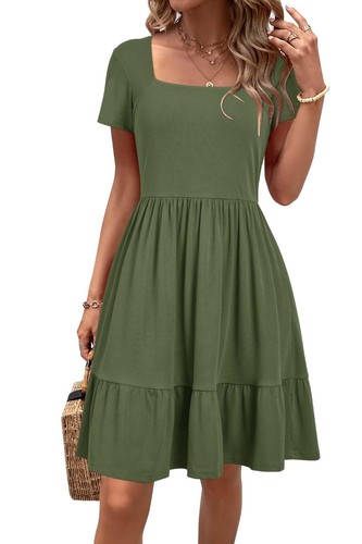 Womens 2025 Summer Dress Short Sleeve Square Neck Dresses Casual Beach Vacati...