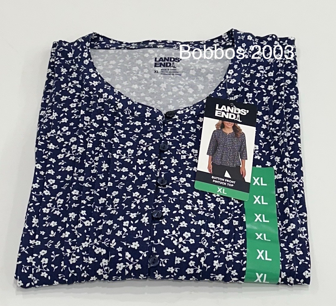 Lands' End Women's Button Front Pintuck Top, Navy, Size XL