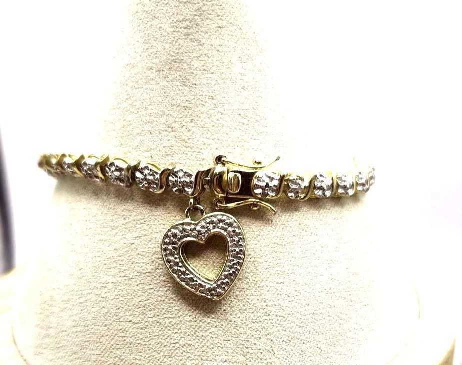 Gold Plated Sterling Silver CZ Tennis Bracelet With Dangle Heart Charm - Image 4 of 4