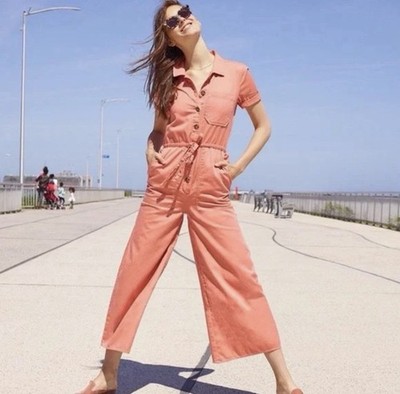 Madewell Orange Collared Wide-Leg Utility Jumpsuit Button Front Pockets Size 2