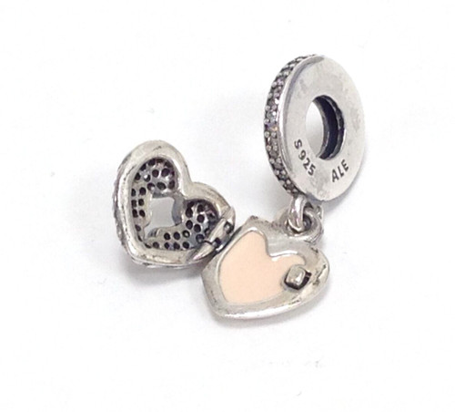 Auth. PANDORA S925 ALE Angel Wings Heart Locket CZ & Pink Enamel Charm 791737CZ