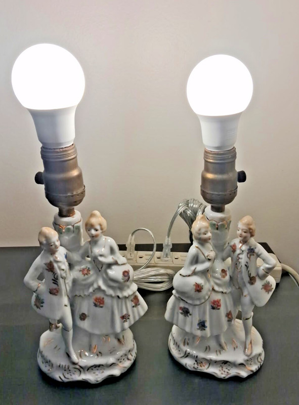 Antique Rewired Pair  1900s JAPAN Porcelain Man & Woman Table Lamps  9 3/4" Tall