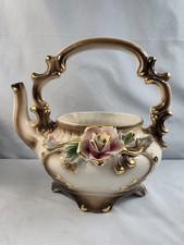 Vintage Nuova Capodimonte Decorative Teapot Hand Applied Roses Flowers Gold Gilt