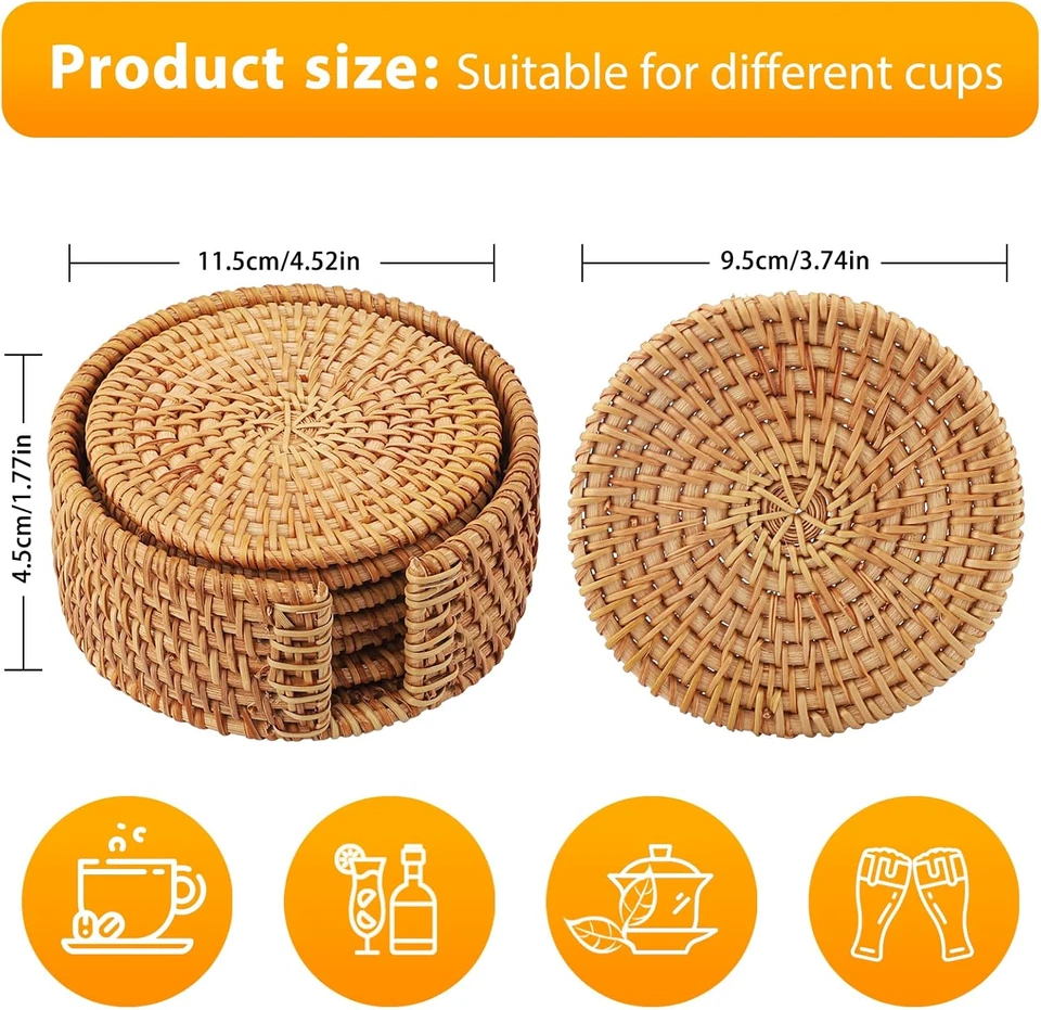 Set Di Sottobicchieri in Rattan Con Supporto - Set Da 6 Sottobicchieri per Bicch - Immagine 4 di 4