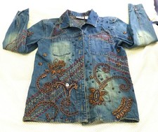 Chicos Design Embellished Denim Jacket Beaded Floral Embroidery Button Front Wom