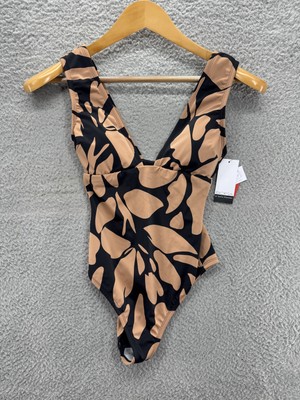 Sofia Vergara Swimsuit Womens XS Black Beige Carmen Plunge One Piece Cheeky