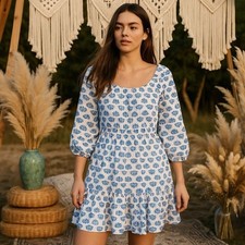 J Crew Dress Womens 8 White Blue Shell Print Ruffle Mini Scallop Trim Pockets