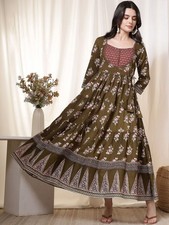 Indian Women Olive Green Cotton Floral Printed Anarkali Kurta Kurti Long Dress