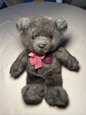 Vintage Dakin 12" Teddy Bear Plush Stuffed Animal Brown Heart Bow Maroon 1987