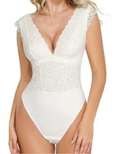 NWT Popilush Shapewear Sculpting Lace Bodysuit White Lace Sz S Slimming V Neck