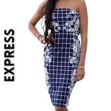 Express Strapless Sheath Dress 2 Blue White Graphic Floral Stretch Bodycon