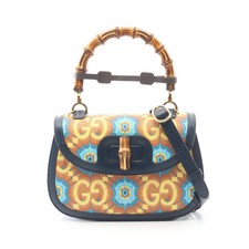 GUCCI Bamboo 1947 GG Handbag PVC Leather Orange Navy Multicolor 2-Way #RC2733
