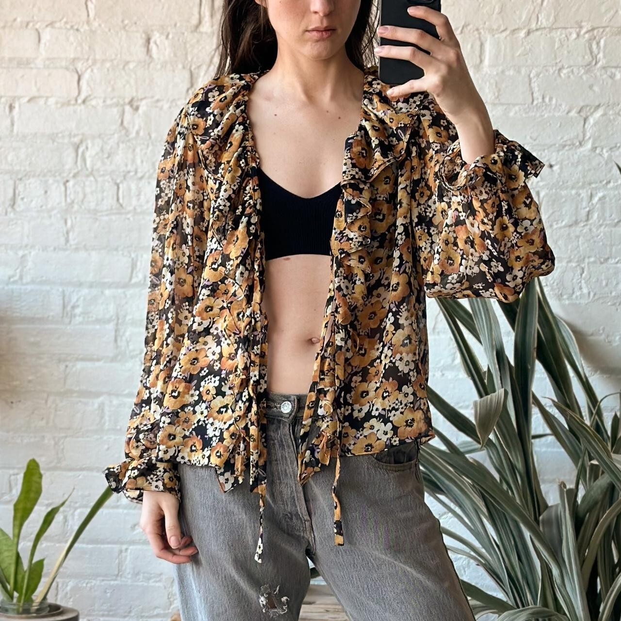 Cravatta floreale trasparente seta nera arancione giallo Saint Laurent top 36