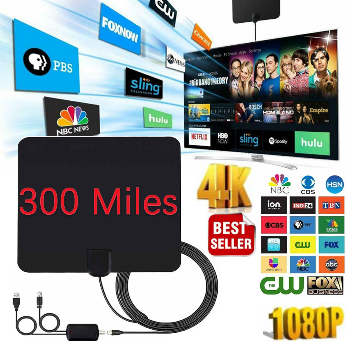 Long Range Indoor Amplified Digital TV Antenna HDTV 4K 1080P 300