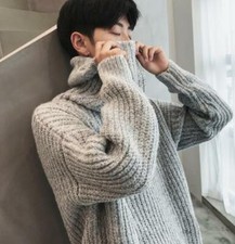 Men's New Thick High Neck Knitted Sweater Baggy Warm Korean Style New Pullover