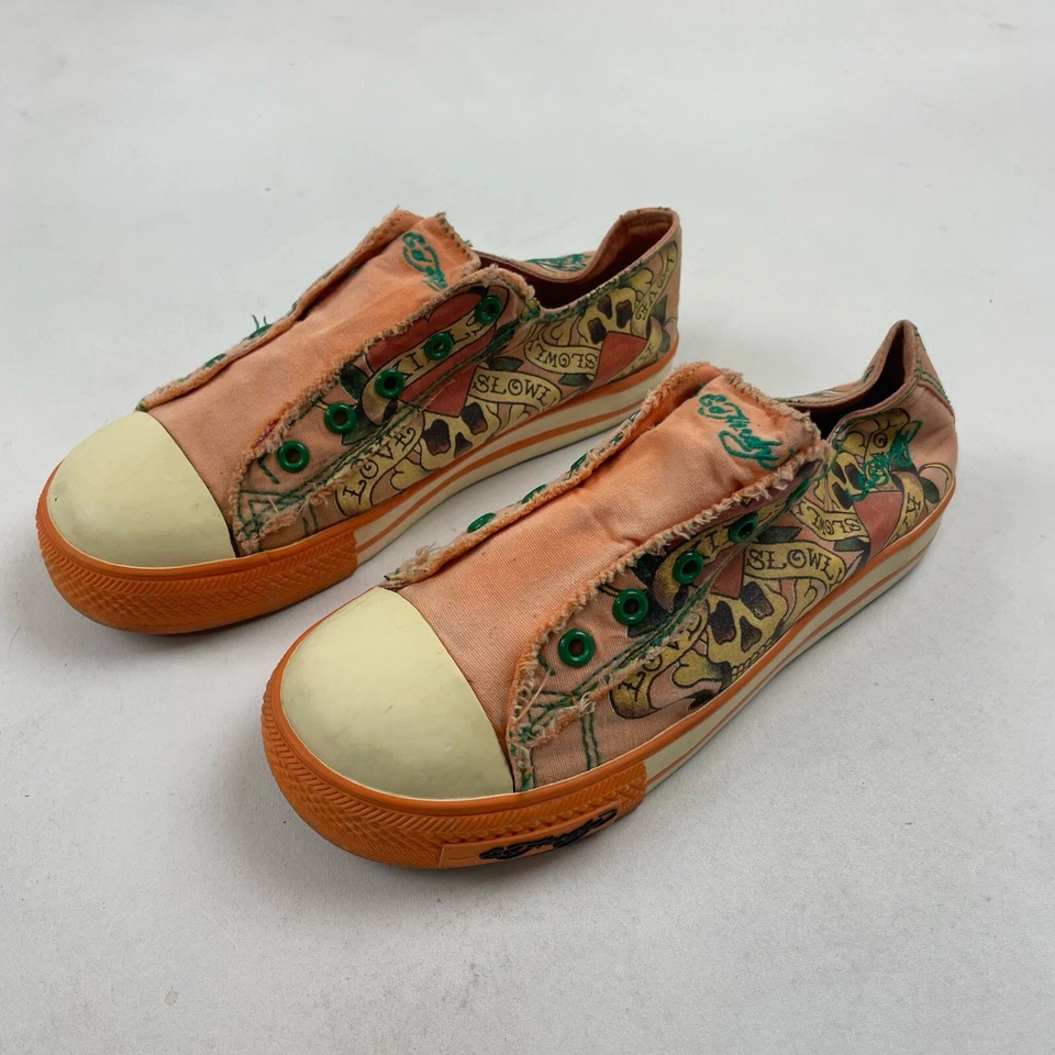Ed Hardy Kids Youth Size 3 Low Rise Laceless Sneakers Love Slowly Skull Orange - Image 4 of 4