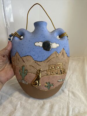 VTG native southwestern Hand painted 24k Gold Canteen 10  Signed 1992 Desert
