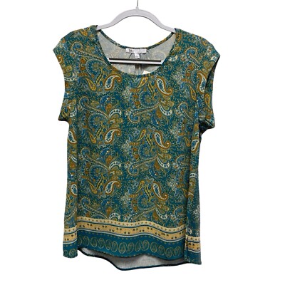 DR2 Woman s Teal & Orange Paisley Cap Sleeve Scoop Neck Top - Size M