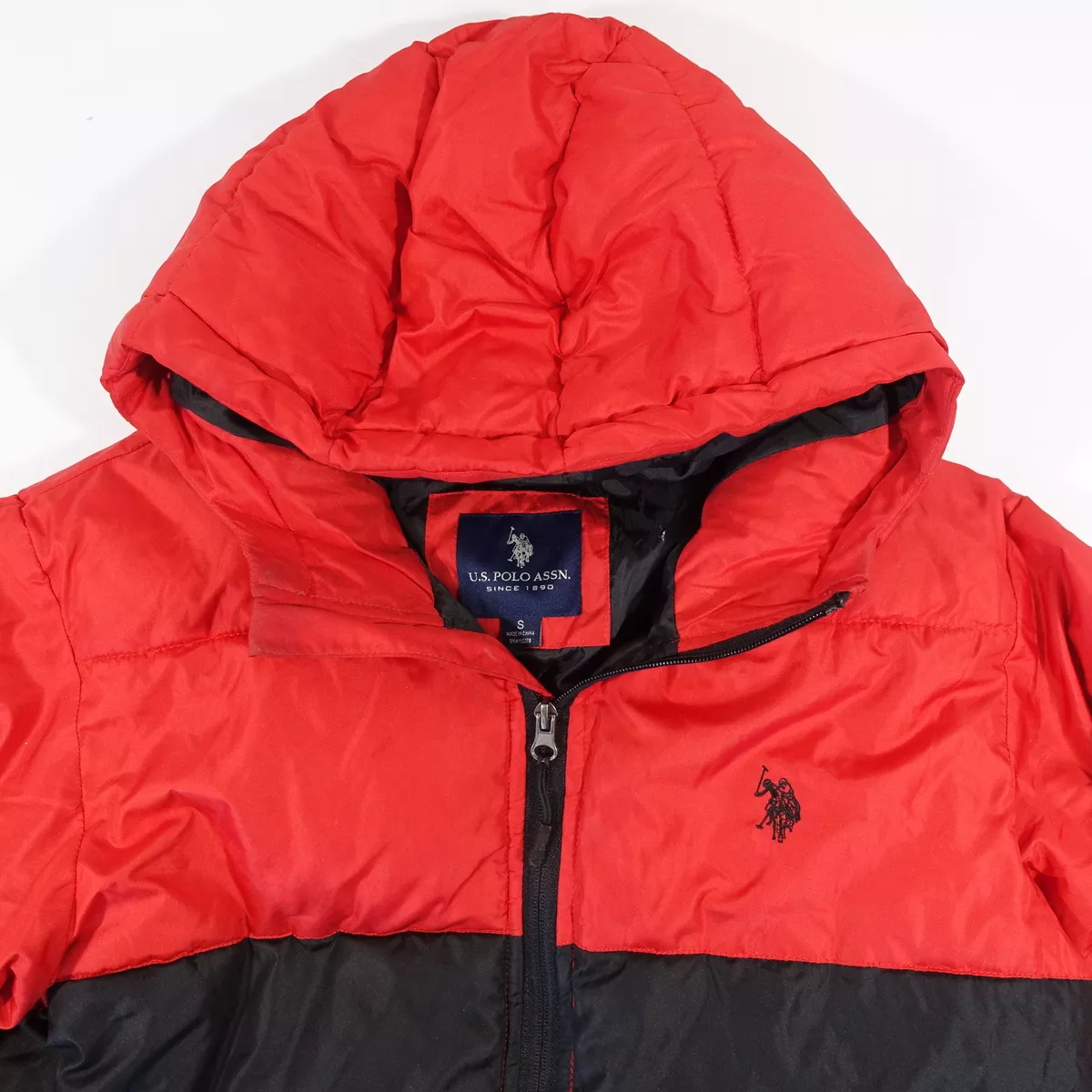 POLO RALPH LAUREN RED BLACK SMALL PUFFER HOODED JACKET MENS PREOWNED