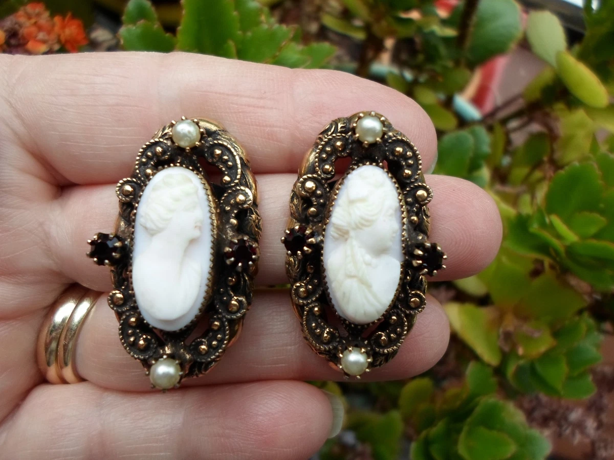 Ornate vintage - costume CAMEO clip EARRINGS - red rhinestones