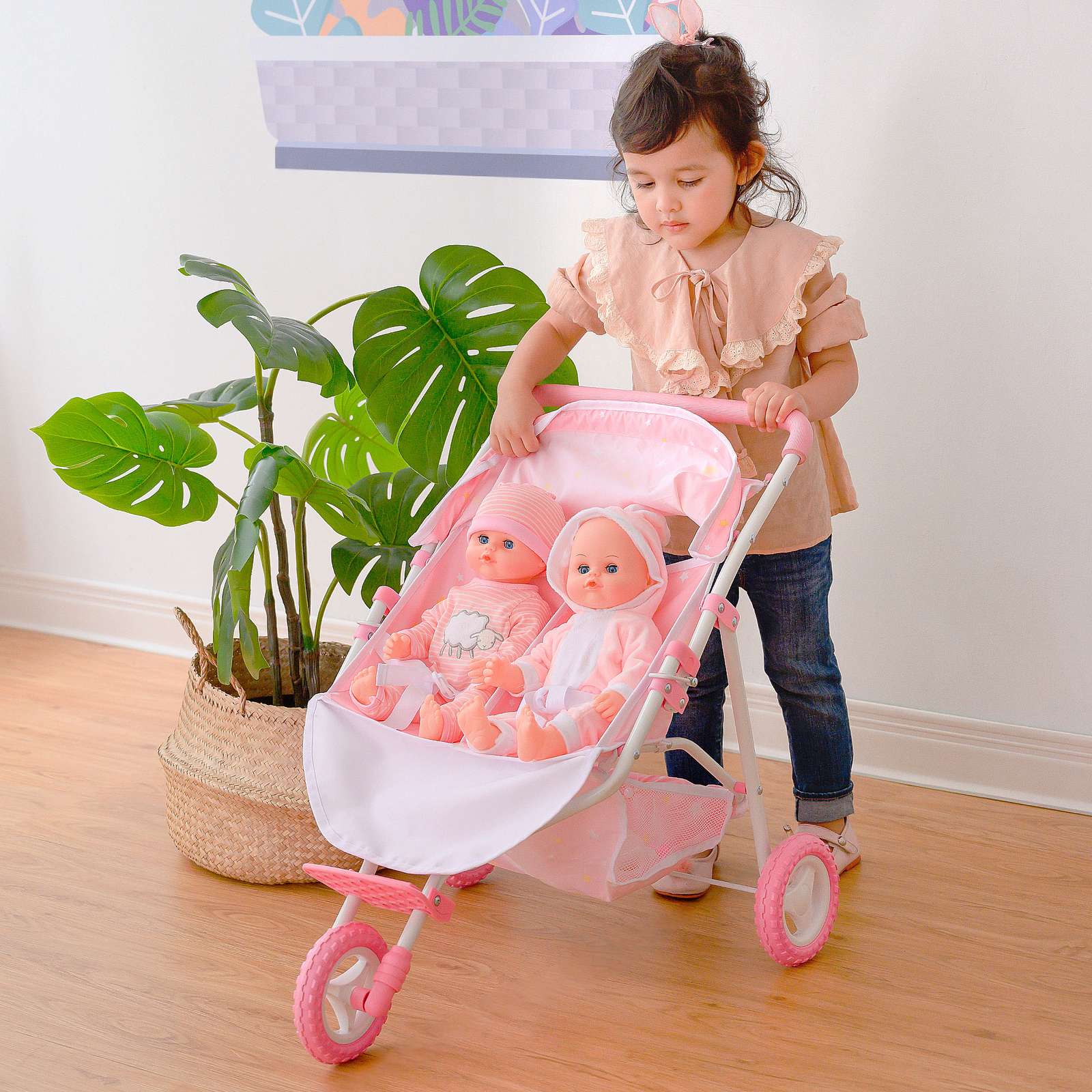 Twinkle Stars Princess Baby Doll Twin Jogging Stroller Pretend Play Pram, Pink