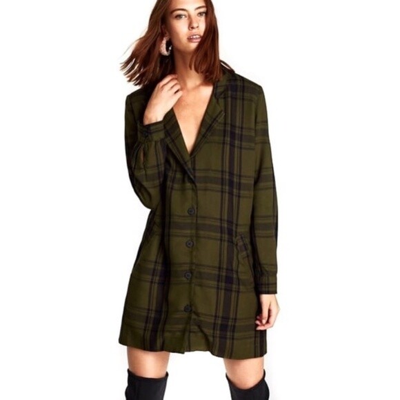 Zara Woman Olive Green Plaid Blazer Dress Size S Gem
